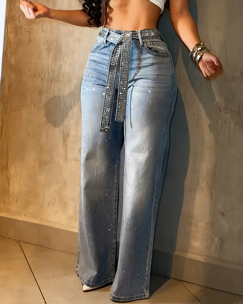 Diamond-Studded Straight-Leg Jeans