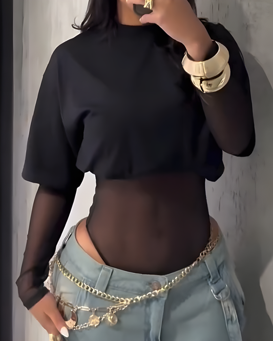 Sexy Mesh Bodysuit Short Sleeve T-Shirt 2-Piece Set