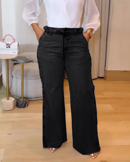 Women's Straight Leg Wide Legs High Waist Baggy Snap Button Side Jeans