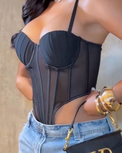 Sexy Sheer Mesh Suspender Corset Top