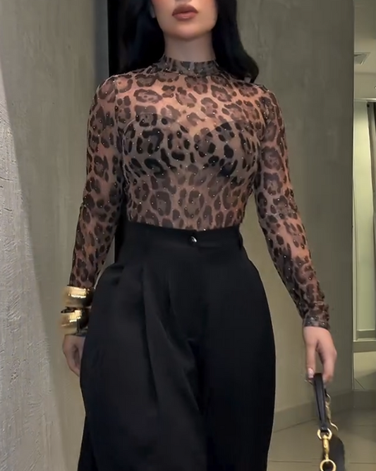 Leopard Print Mesh Top with Diamonds